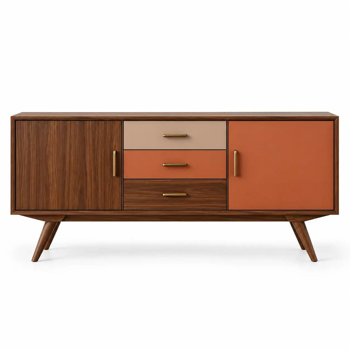 Skänk med ribbad lucka och färgdelade lådor – brun/orange/beige