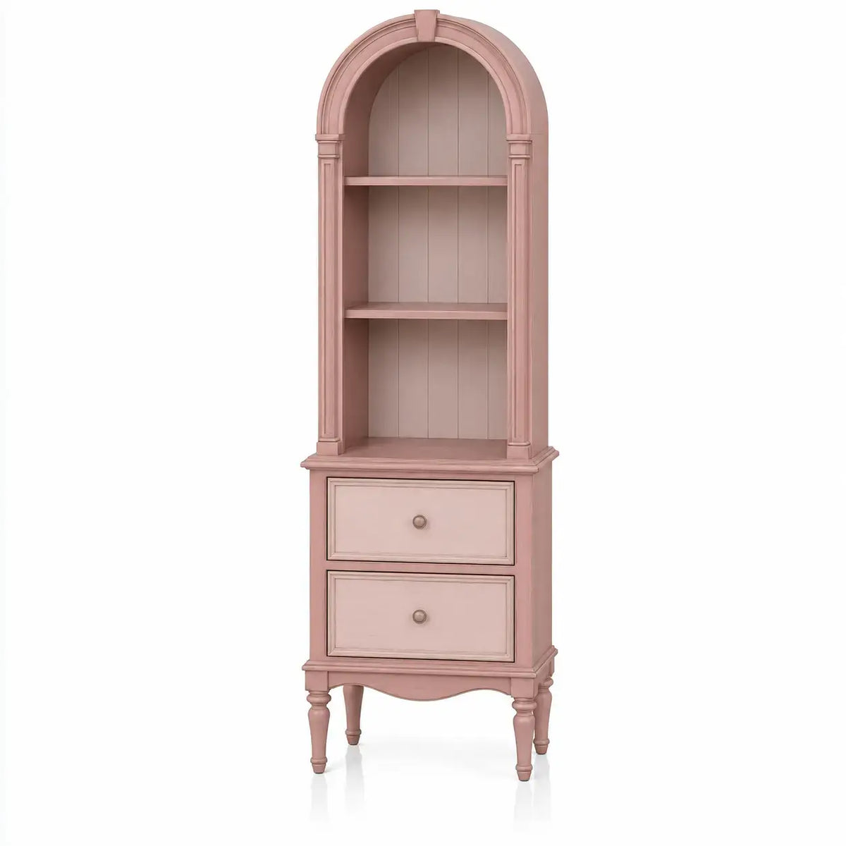Smal bokhylla med välvd överdel och lådor – rosa