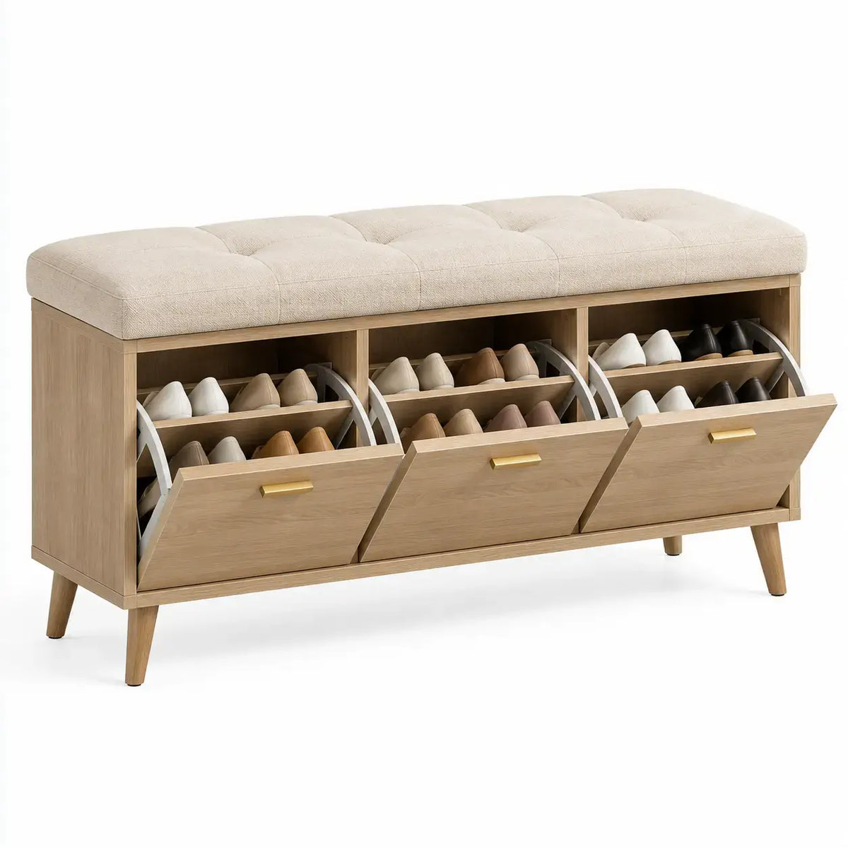 Skobänk med stoppad sits och tippfack – beige/brun