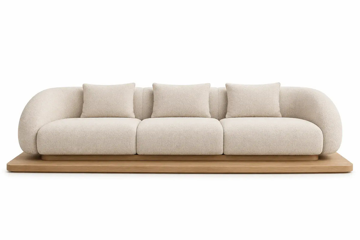 Soffa med rundade dynor och bred sockel – beige/brun